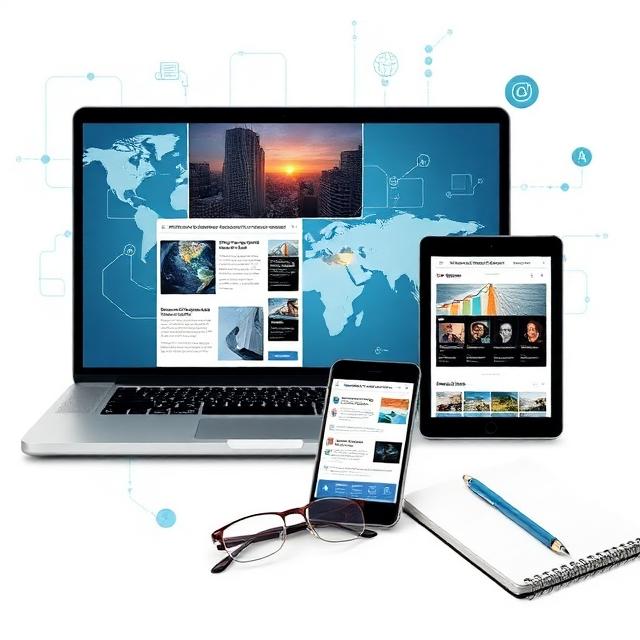 Person using laptop and smartphone surrounded by digital icons, charts, and world maps, representing staying updated on global news, technology, and lifestyle trends